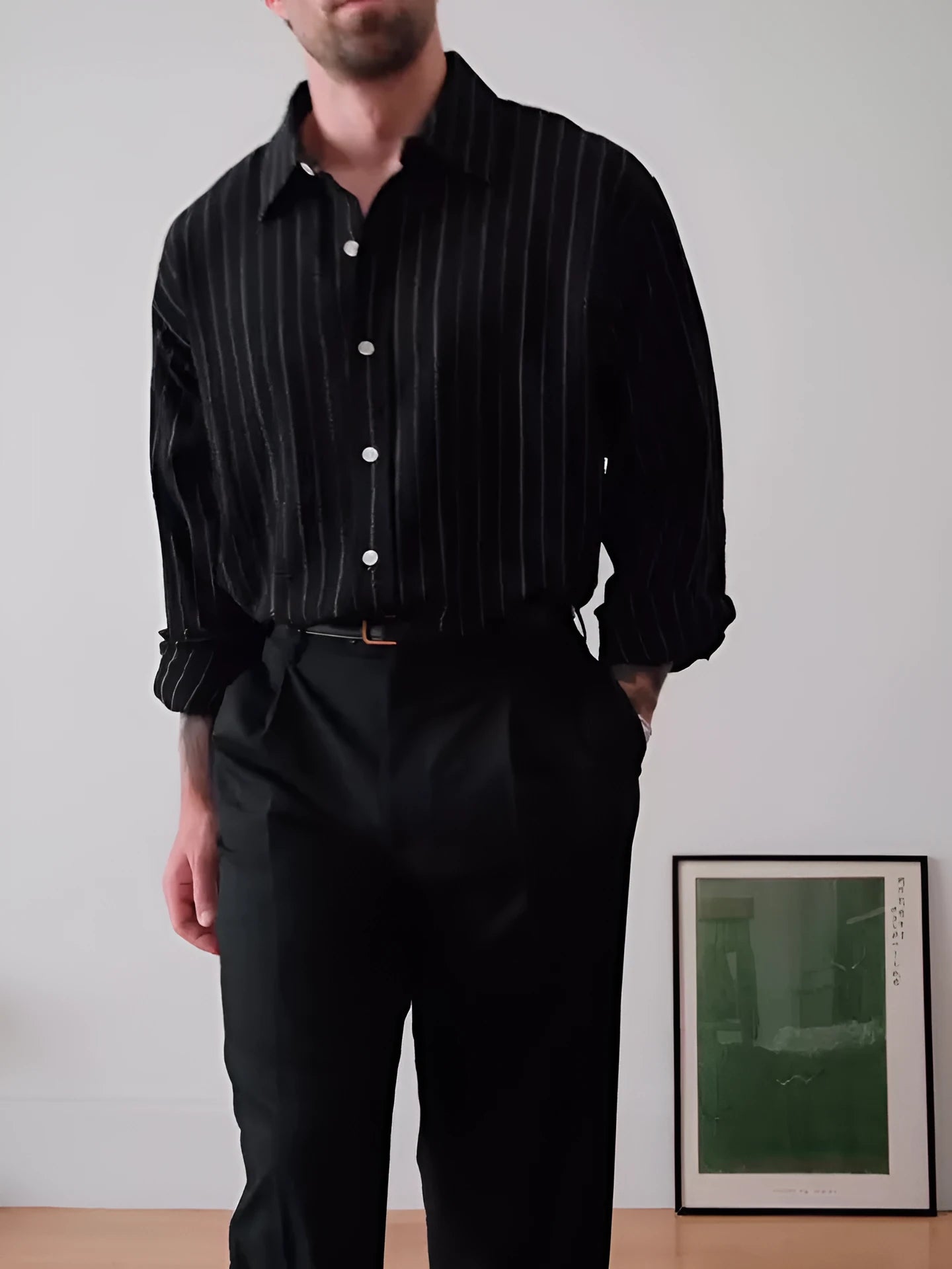 Black pinstripe polyester button-down shirt with regular fit and long sleeves
