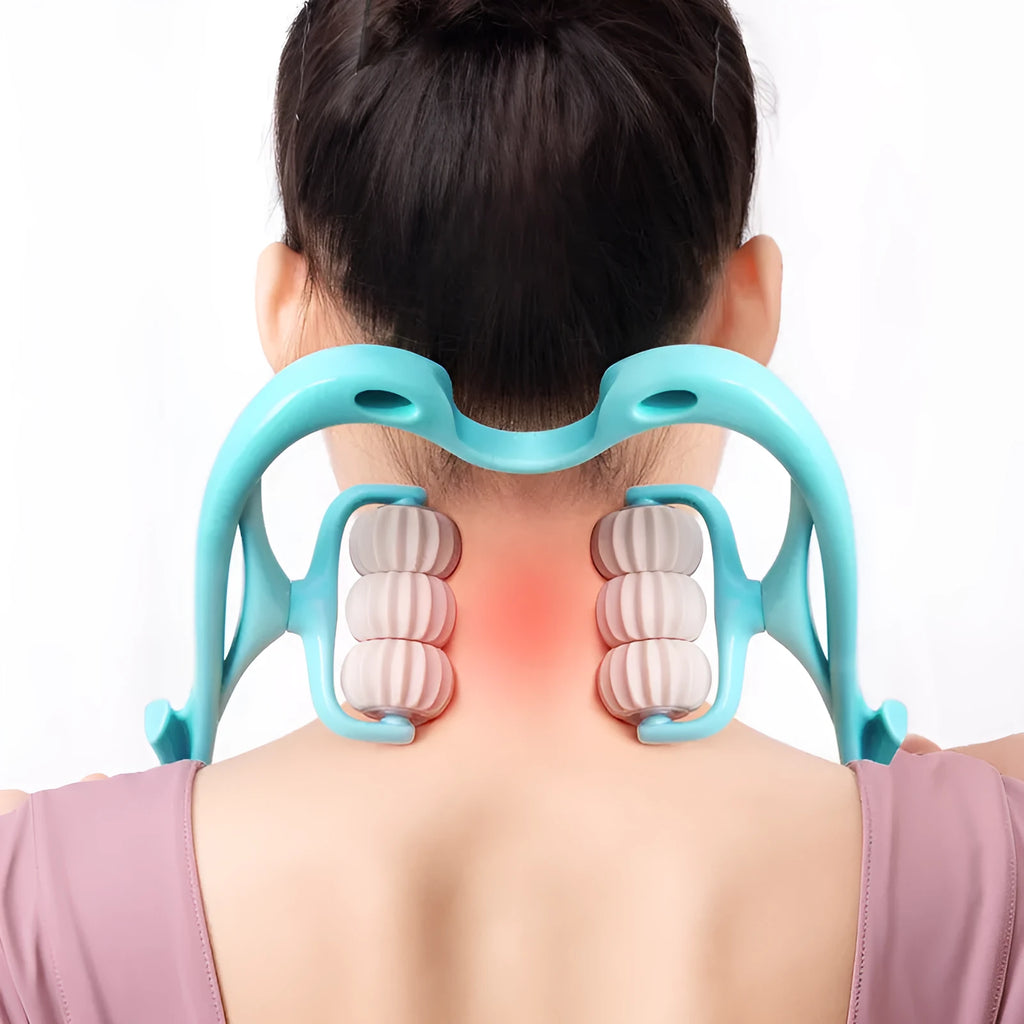 Blue swan-shaped manual six-wheel neck massager with rotating balls and a white crystal jade scraping board on a table.