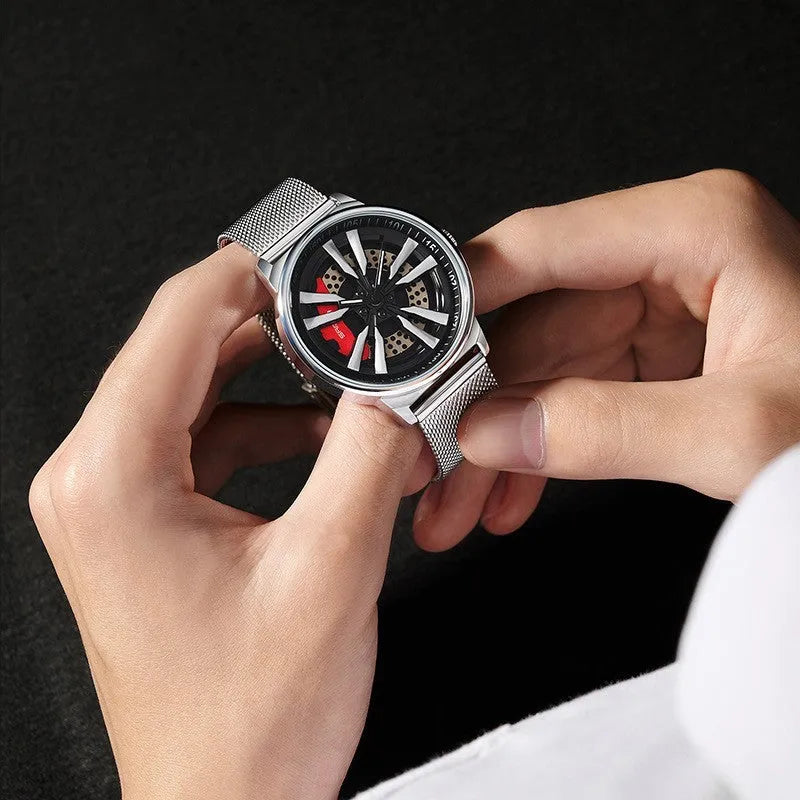Men's creative rotating wheel quartz watch with blue dial and steel strap, 44mm alloy case