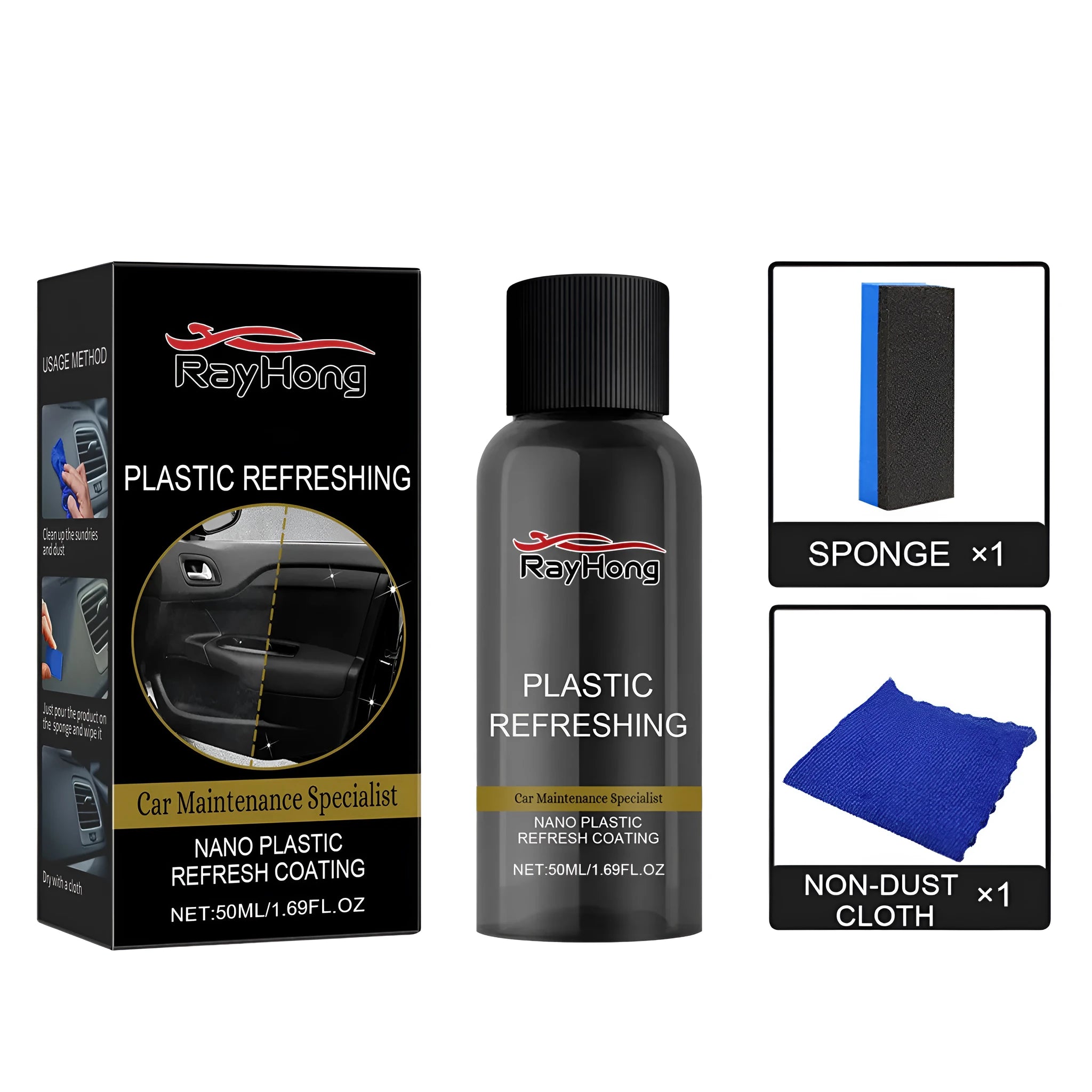 Nano plastic refresh coating kit with bottle, sponge, and towel for car headlight and interior plastic repair