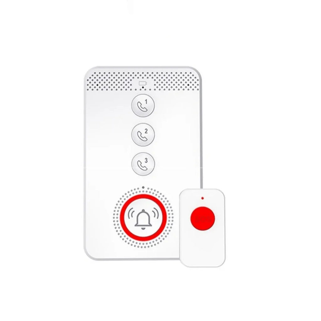 White elderly emergency alert system with one central buzzer and three wireless pendant buttons.
