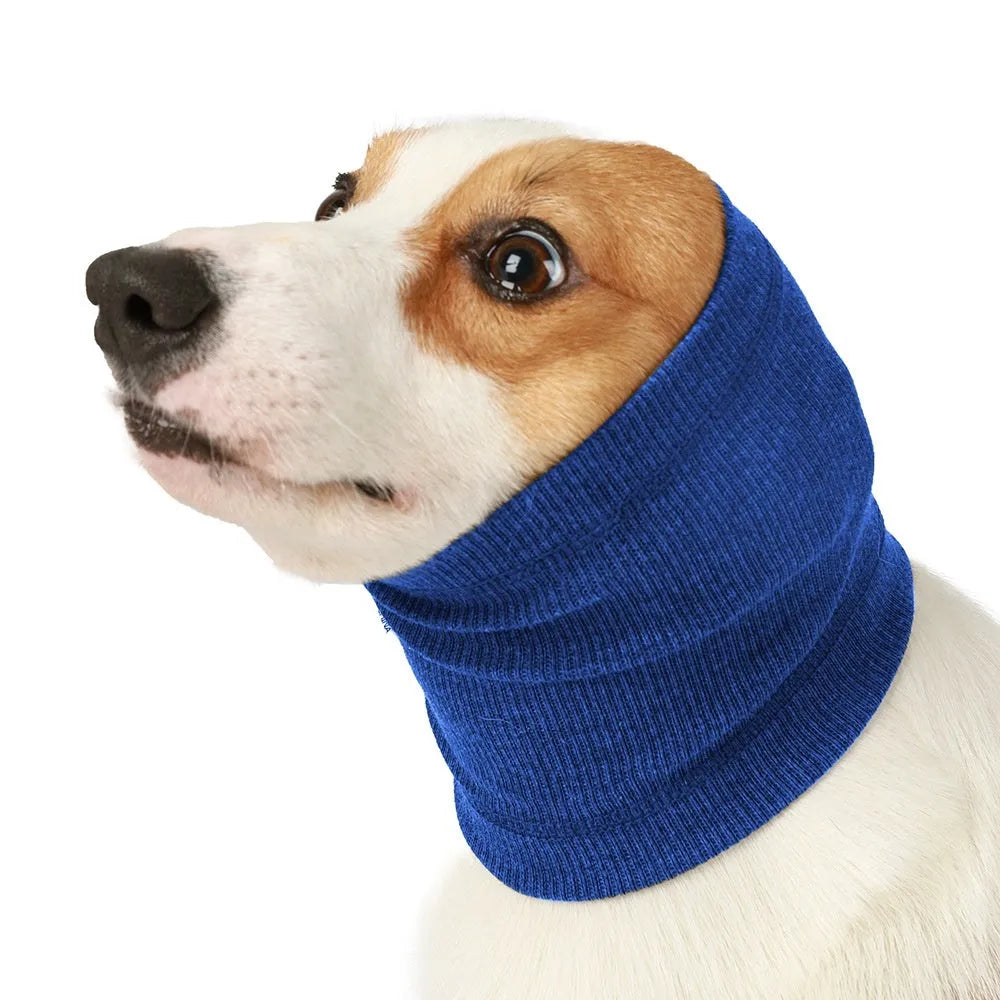 Blue or grey polyester headband scarf for a dog, shown in small, medium, and large sizes.