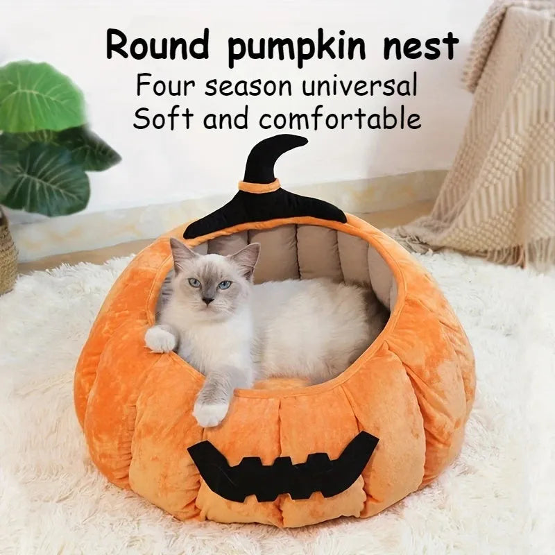 Halloween themed pumpkin cartoon devil design soft plush cat bed for cats and small dogs in black colour.