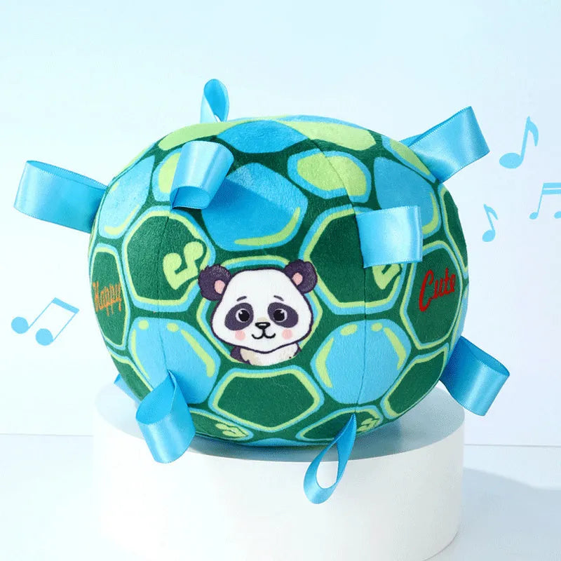 Green plush ball dog toy with a handle and internal bells, 15cm in diameter.