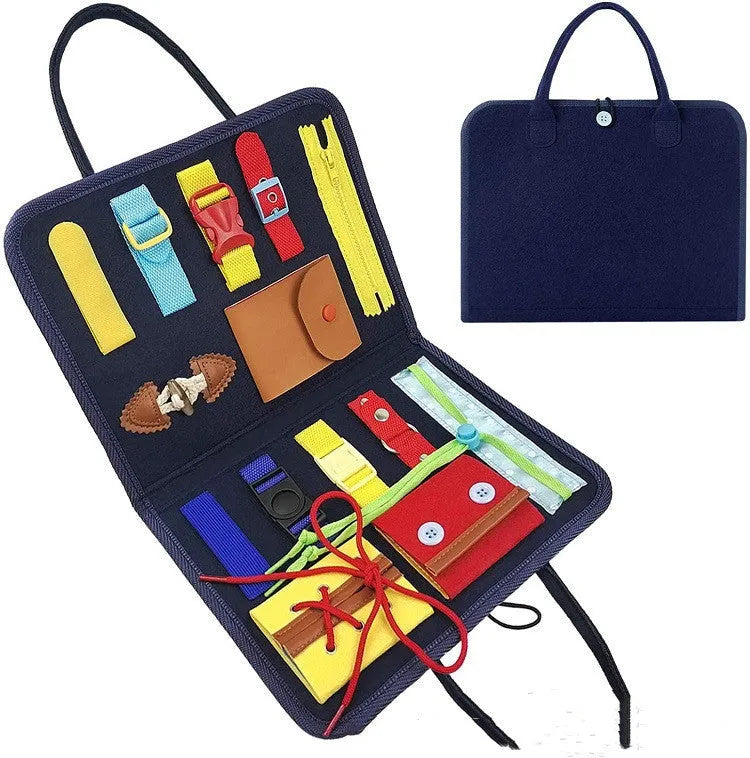 Soft felt busy board for toddlers with dressing and buttoning activities, foldable design, colourful style