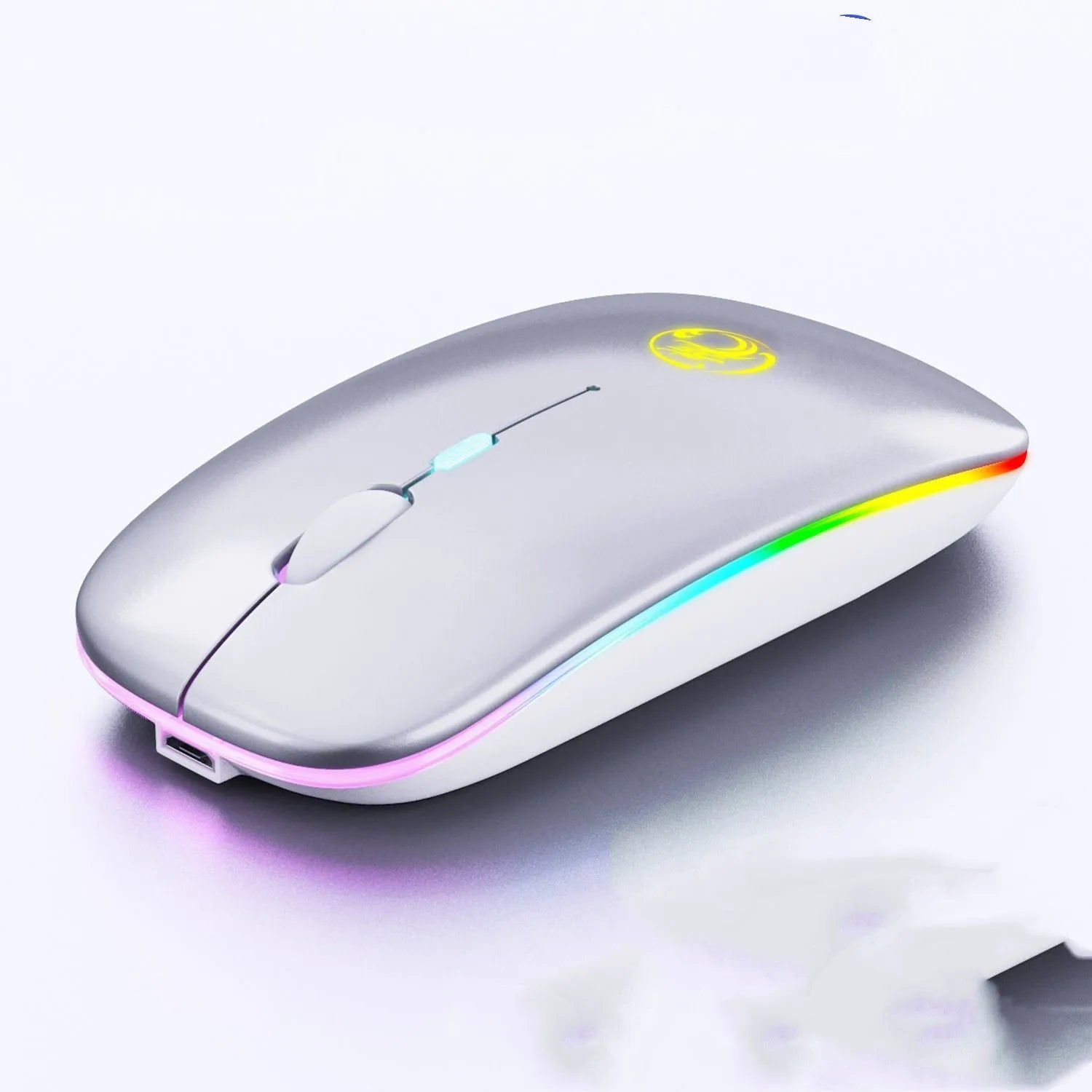 White rechargeable dual-mode silent wireless mouse with blue scroll wheel light on a wooden desk