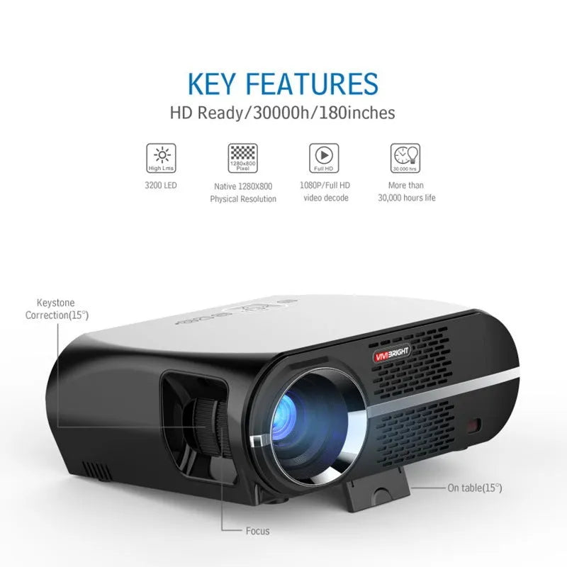 GP100 mini projector in black, 1280x720 resolution, LED front projection, 2.35 kg, 50-180 inch screen