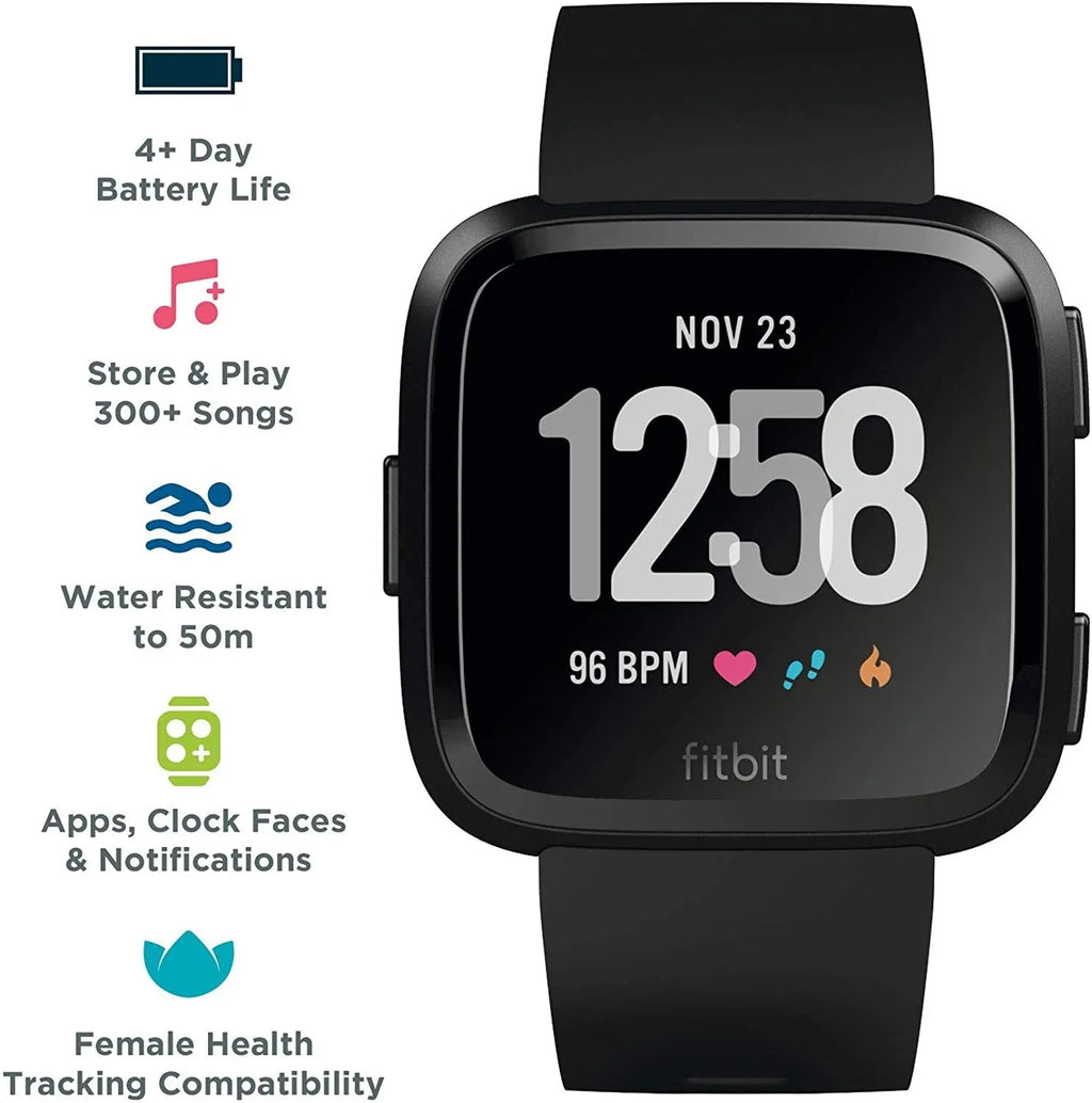 Black smart watch with heart rate monitoring on silicone wristband showing 1.4-inch screen