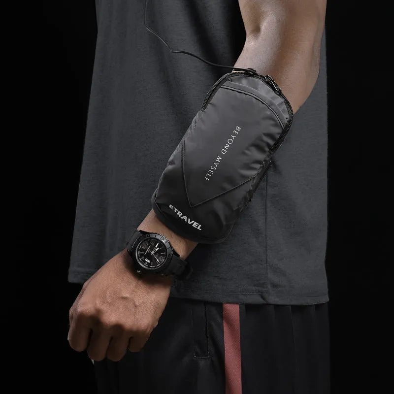 Black reflective running arm bag with adjustable strap, shown holding a mobile phone, designed for outdoor sports.