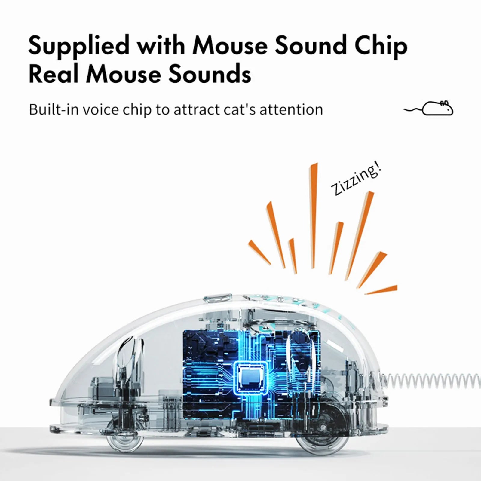 Electronic motion cat toy with moving mouse mechanism in blue or yellow colour, featuring detachable feathers and compact 18cm design