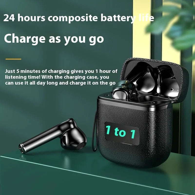 Bluetooth headset with digital display and leather pattern finish on earpiece, all black colour