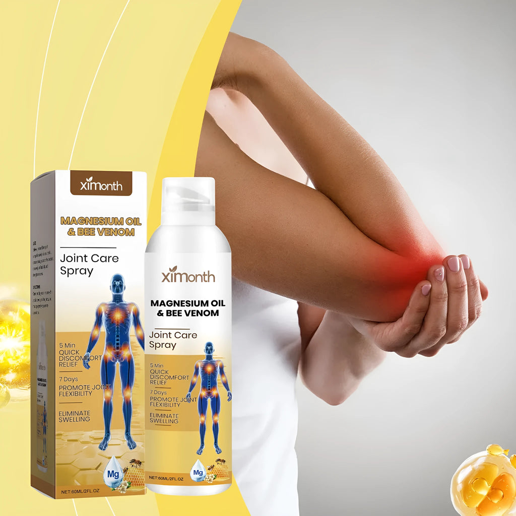 60ml bottle of Joint Care Spray with a spray pump, labelled with key ingredients menthol, coconut oil, and bee venom.