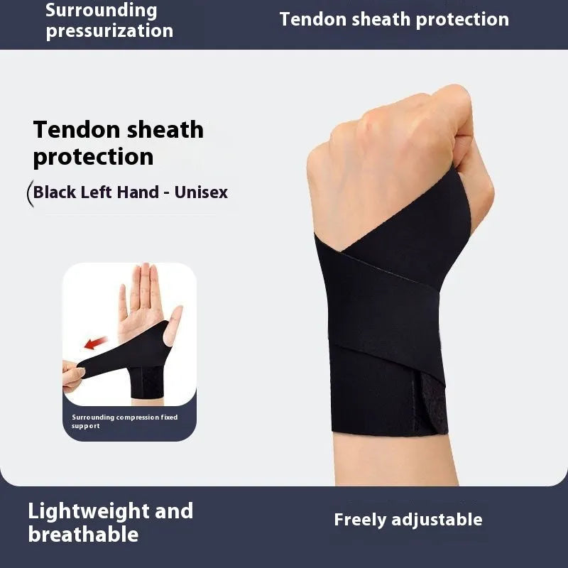 Adjustable black athletic wristguard for wrist support during sports like badminton and tennis.