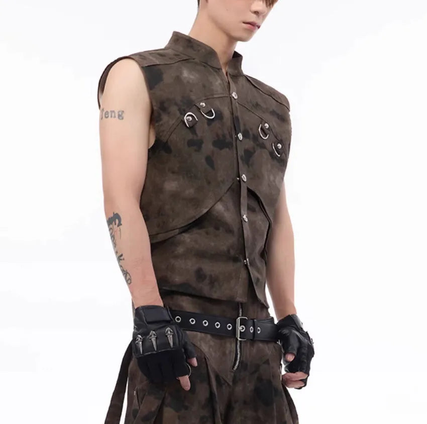 Camouflage pattern denim vest and trouser set with semi-high collar and single button front