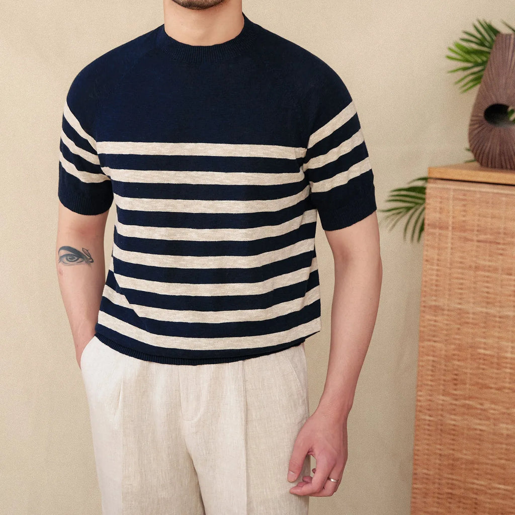 Men's striped linen cotton blend short sleeve t-shirt in round neck design