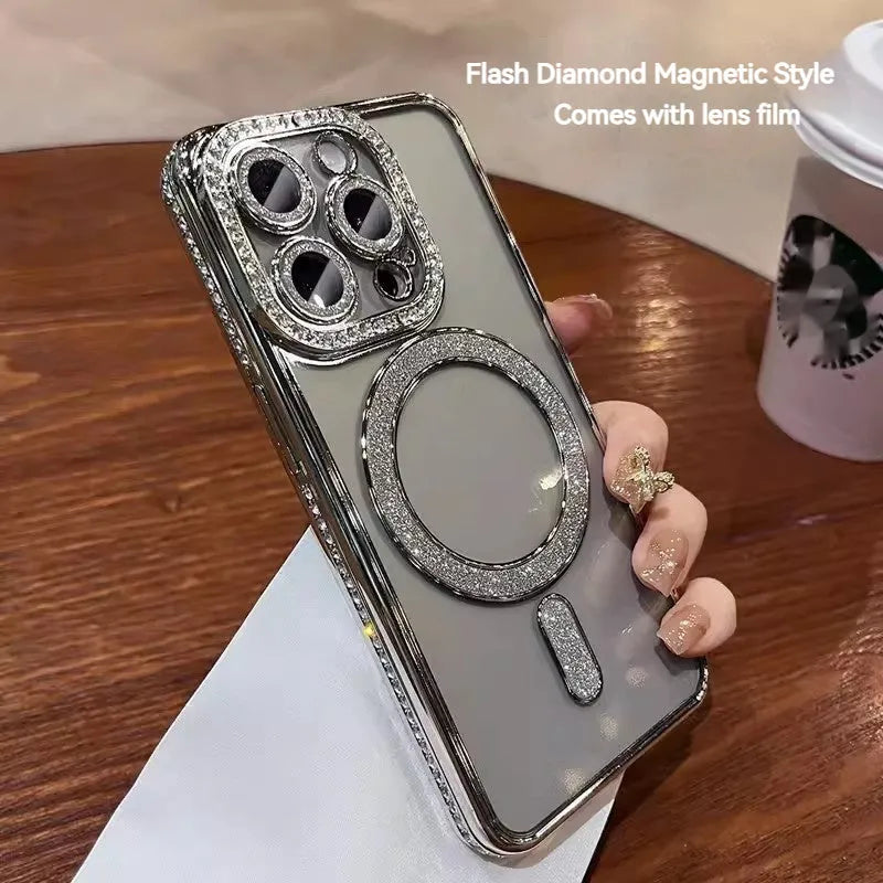 Magnetic transparent TPU phone case with edge drill design and frosted finish in champagne gold