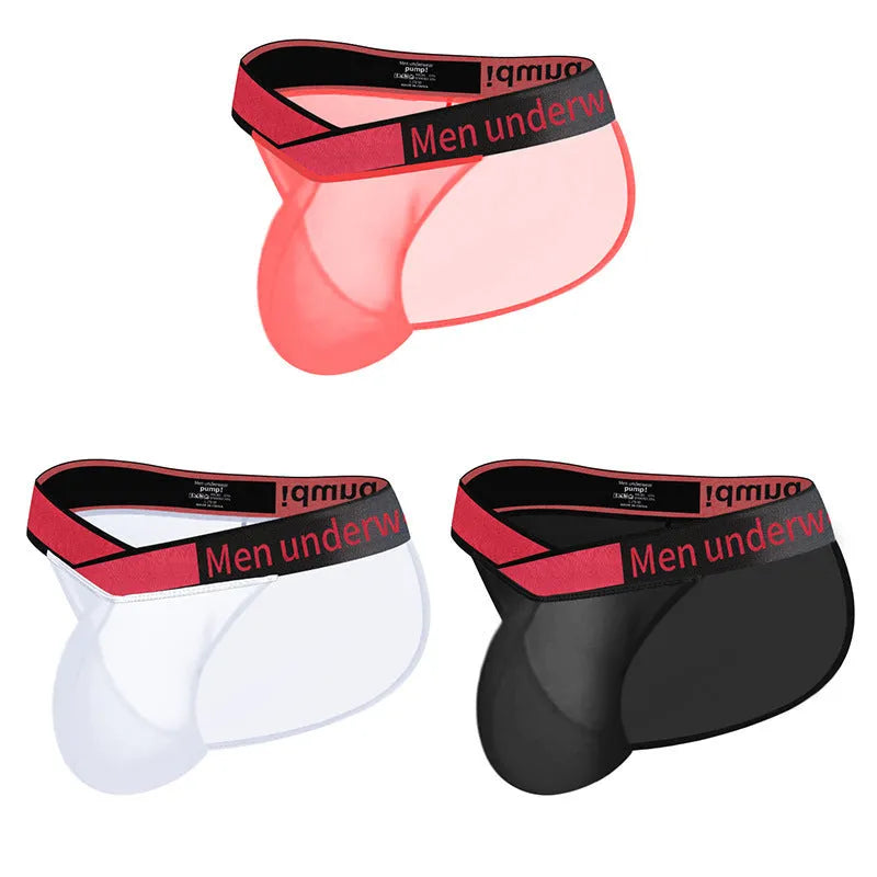 Men's solid colour breathable nylon briefs with a low-waist and large V gradient design.