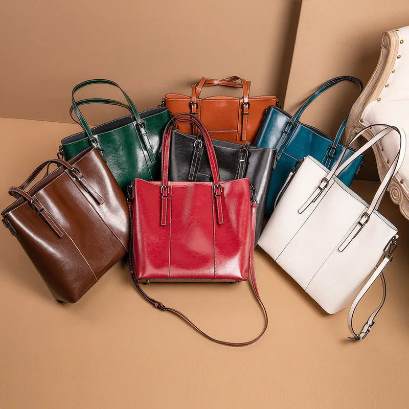 Brown genuine leather women's retro shoulder bag with three straps and multiple pockets