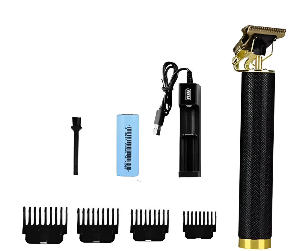 Black USB rechargeable electric hair clipper with four comb attachments and cleaning brush