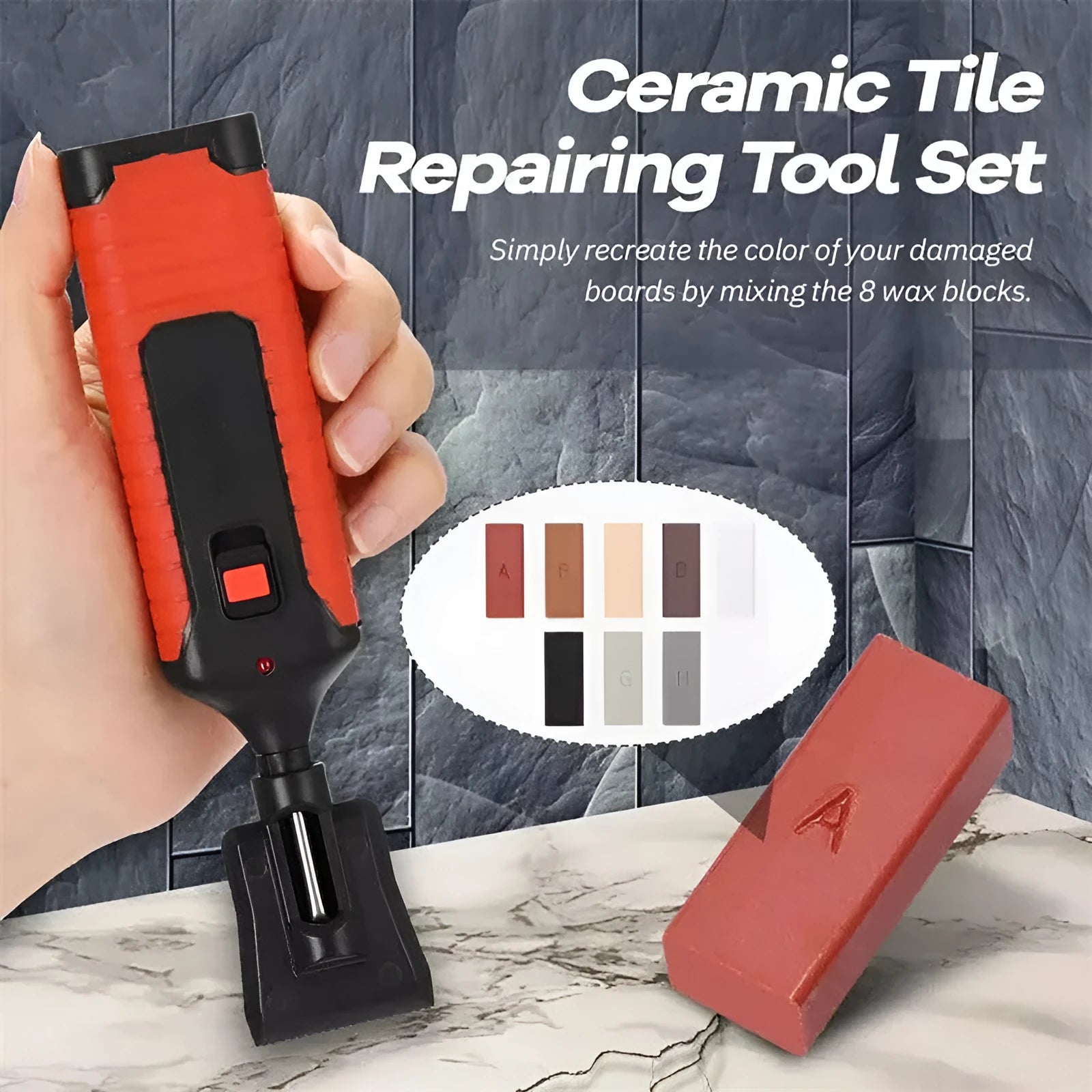 Manual floor repair tool with coloured handle options for DIY tile repairs