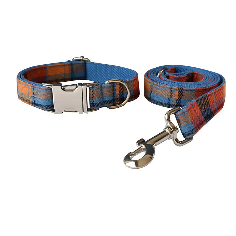 Blue plaid velvet dog collar with alloy buckle and bow decoration on cotton material