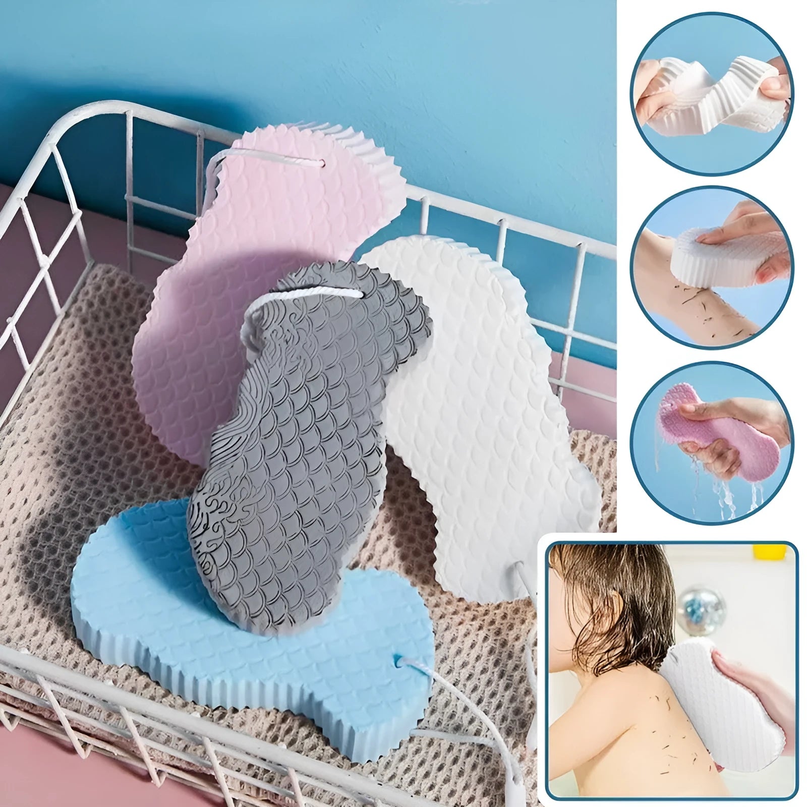 3D fish scale pattern bath sponge in white, grey, pink or light blue colours for gentle exfoliation