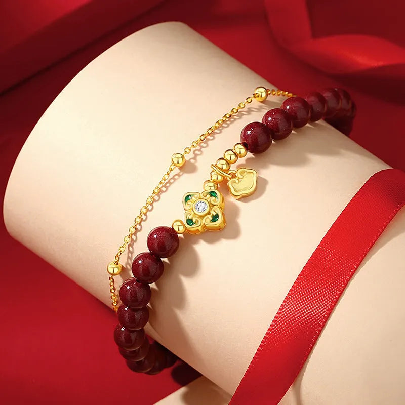 Sterling silver women's bracelet with geometric shape, ruyi, xiangyun and cinnabar flower design.
