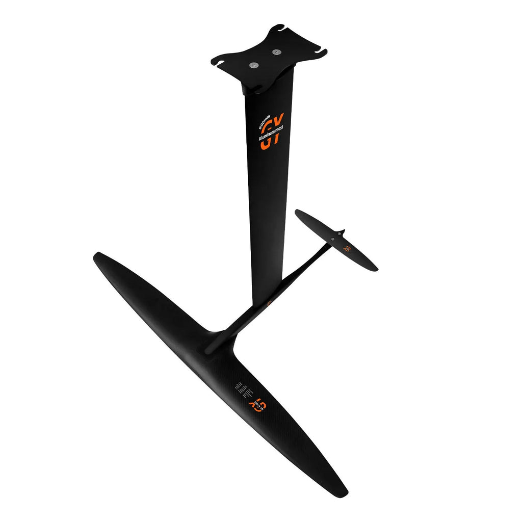 Black carbon fibre racing surf hydrofoil with aluminium alloy mast and 1051mm front wing