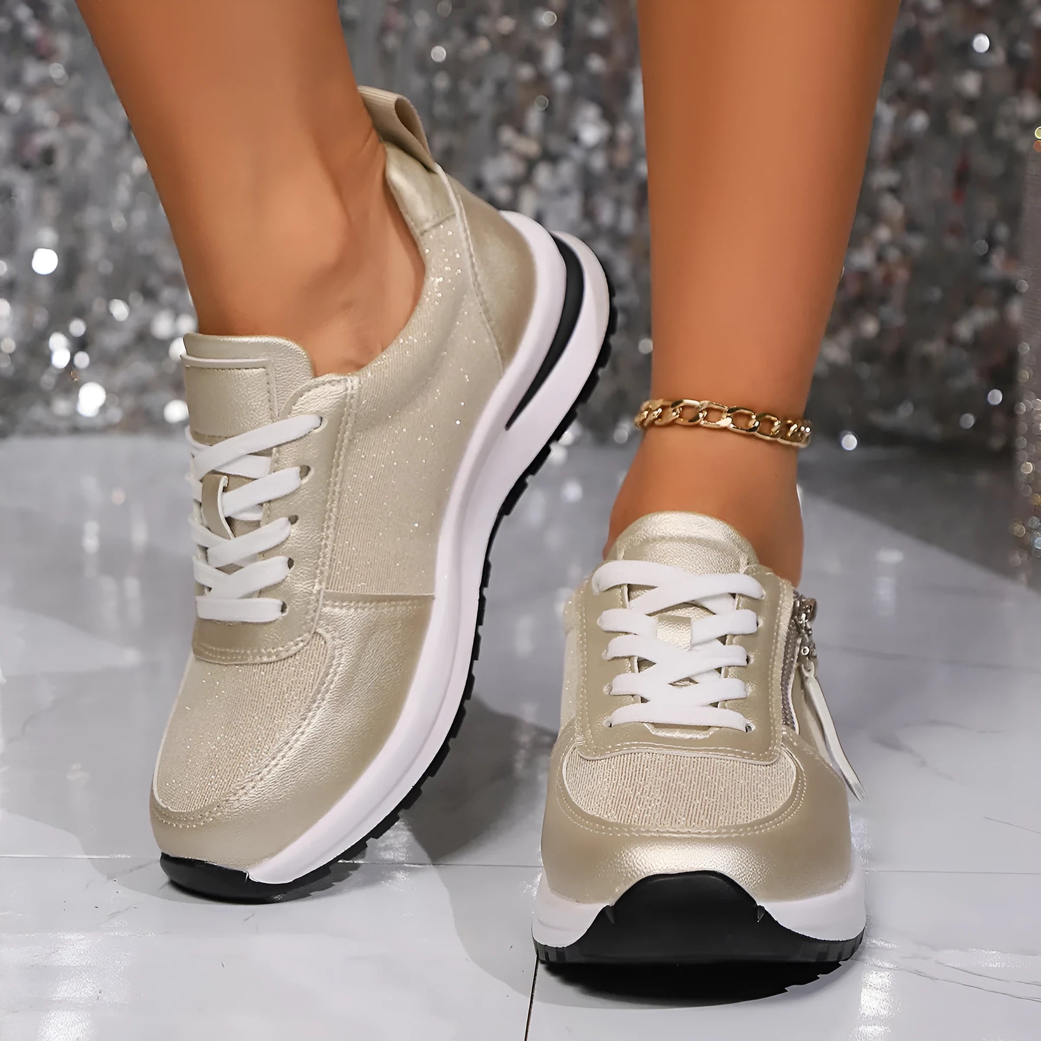 Women's flat bottom round toe lace-up pumps in gold, silver, black, and brown colours