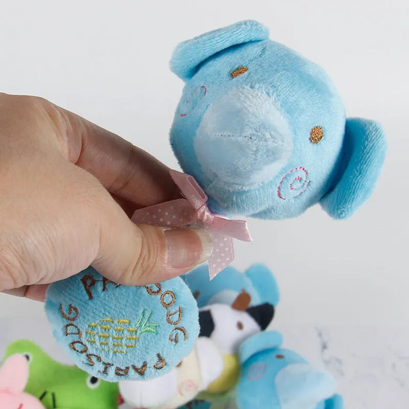 Interactive plush dog toy with sound module and cotton rope in animal designs