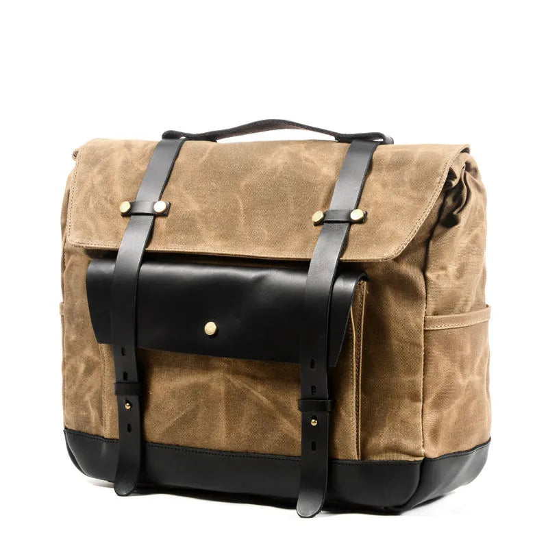 Camel Bag Knight cotton messenger bag in army green with rivet details, showing internal zipper and phone pockets.