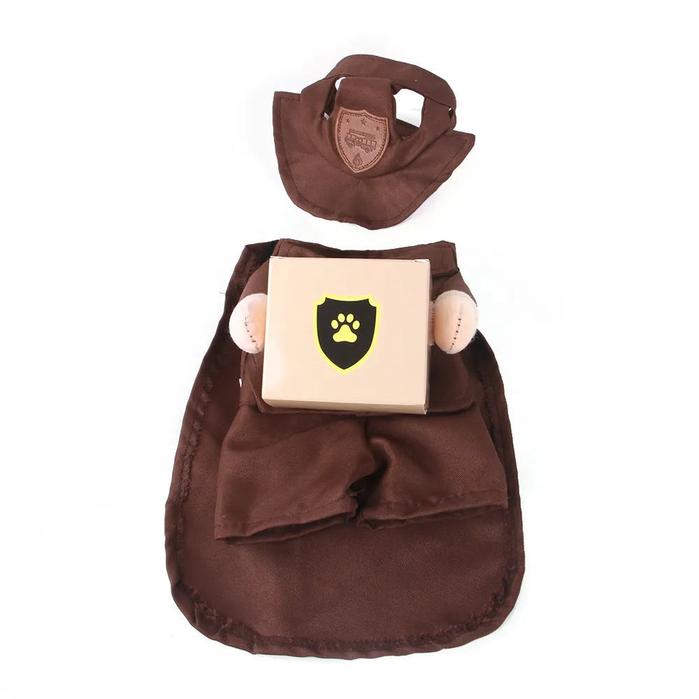 Coffee brown courier-themed dog shirt on pet showing humorous standing design and polyester fabric