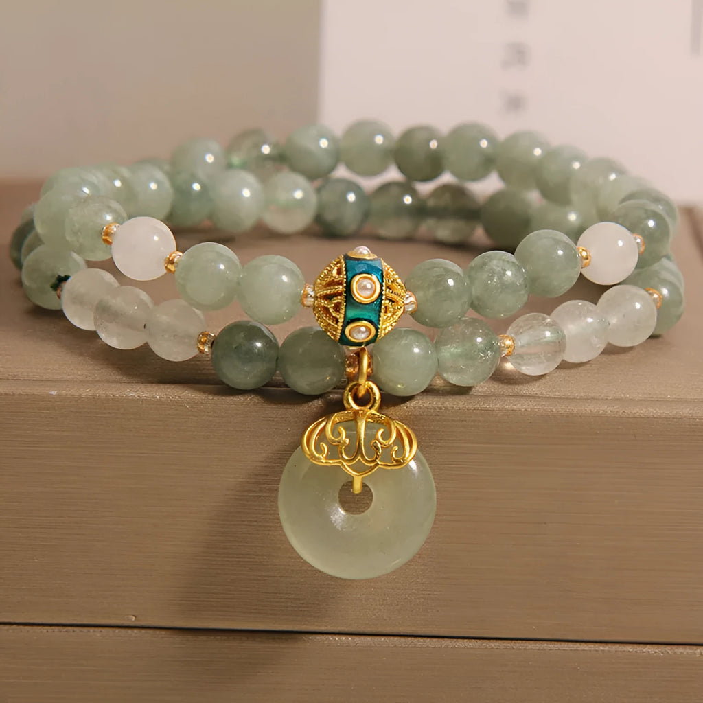 Women's aventurine crystal bracelet with double-layer design and peace buckle in oil green jade colour