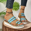 Women's colorblock-strap wedge sandals with hemp heel and PU upper, open toe