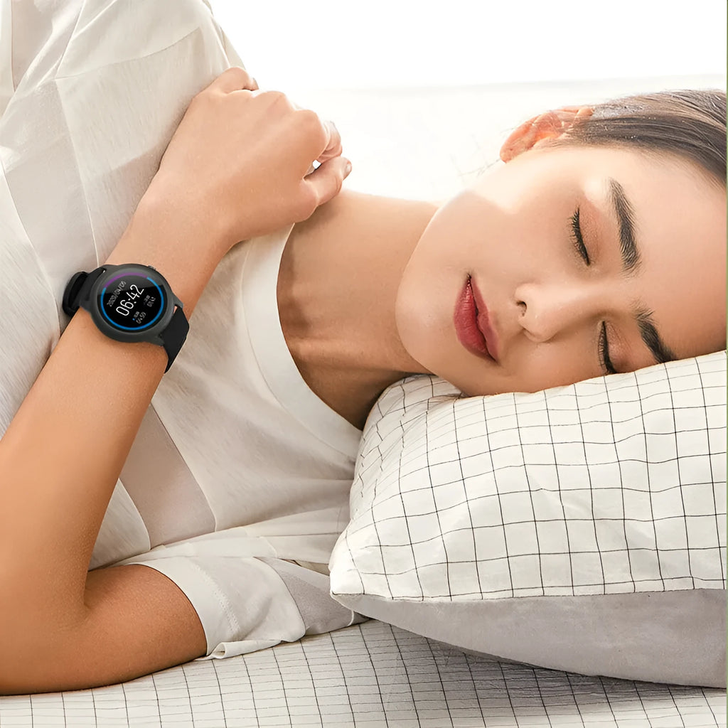 Black round smart watch with heart rate and sleep monitor on wrist, alloy case and silicone band