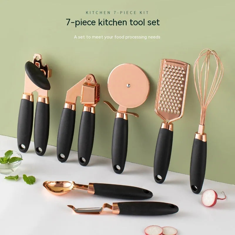 7-piece stainless steel kitchen utensil set with copper rose gold finish and cutlery rack in multiple colours