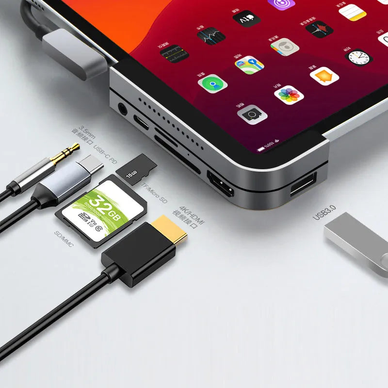 Silver aluminium grey USB-C 6-in-1 docking station for iPad Pro with HDMI port and memory card readers