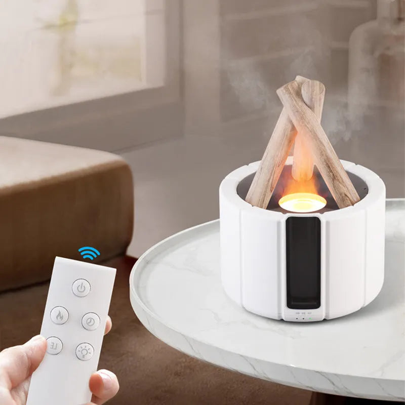 Simulated flame aromatherapy machine with 280ml tank in white on a desk