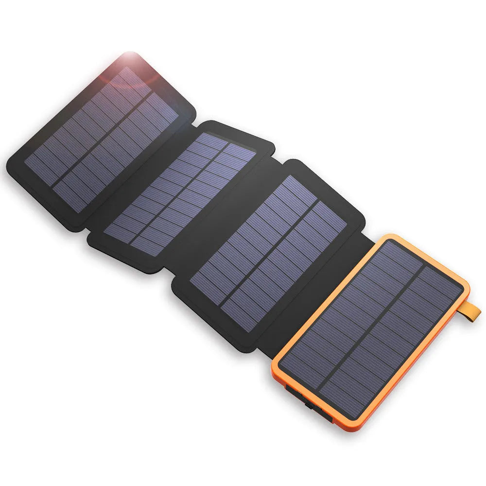 Outdoor solar power bank in orange with a solar panel, LED light, and leather texture, shown next to a charging cable.