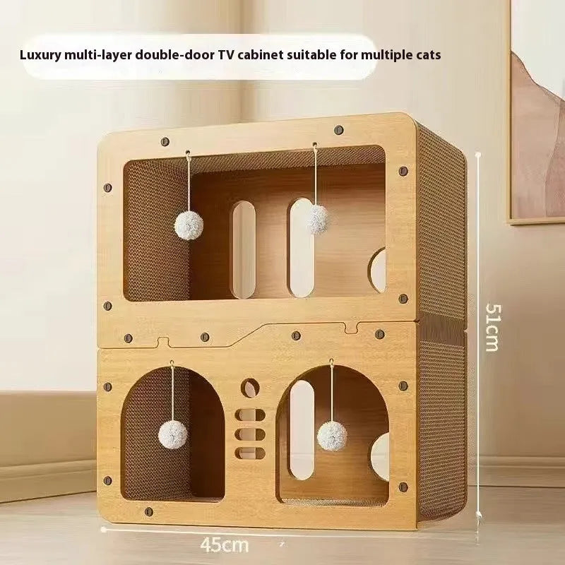 Wear-resistant cat scratching board attached to a double-layer enclosed cat nest in a cute owl design style.