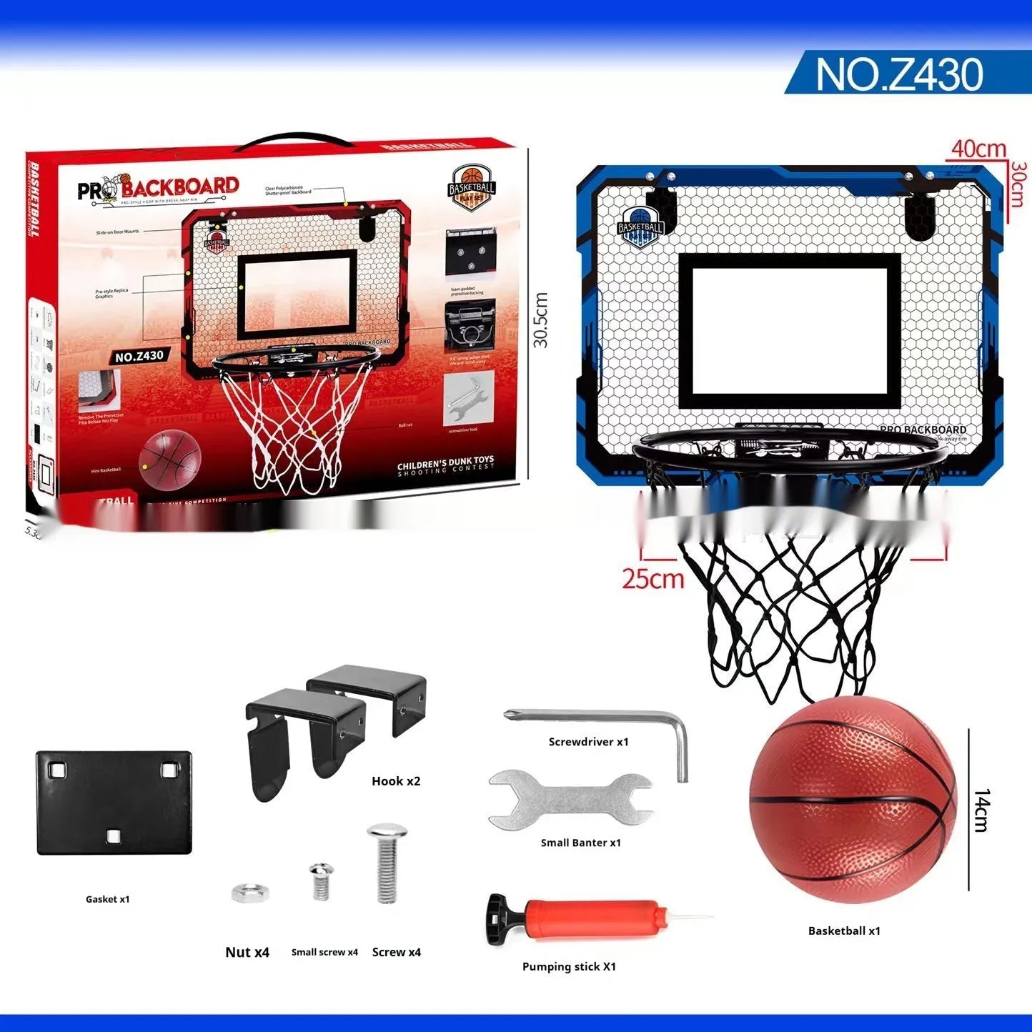Red and blue foldable basketball frame toy with suction cups and hook shown in dunk scoring and folded ball rack positions.