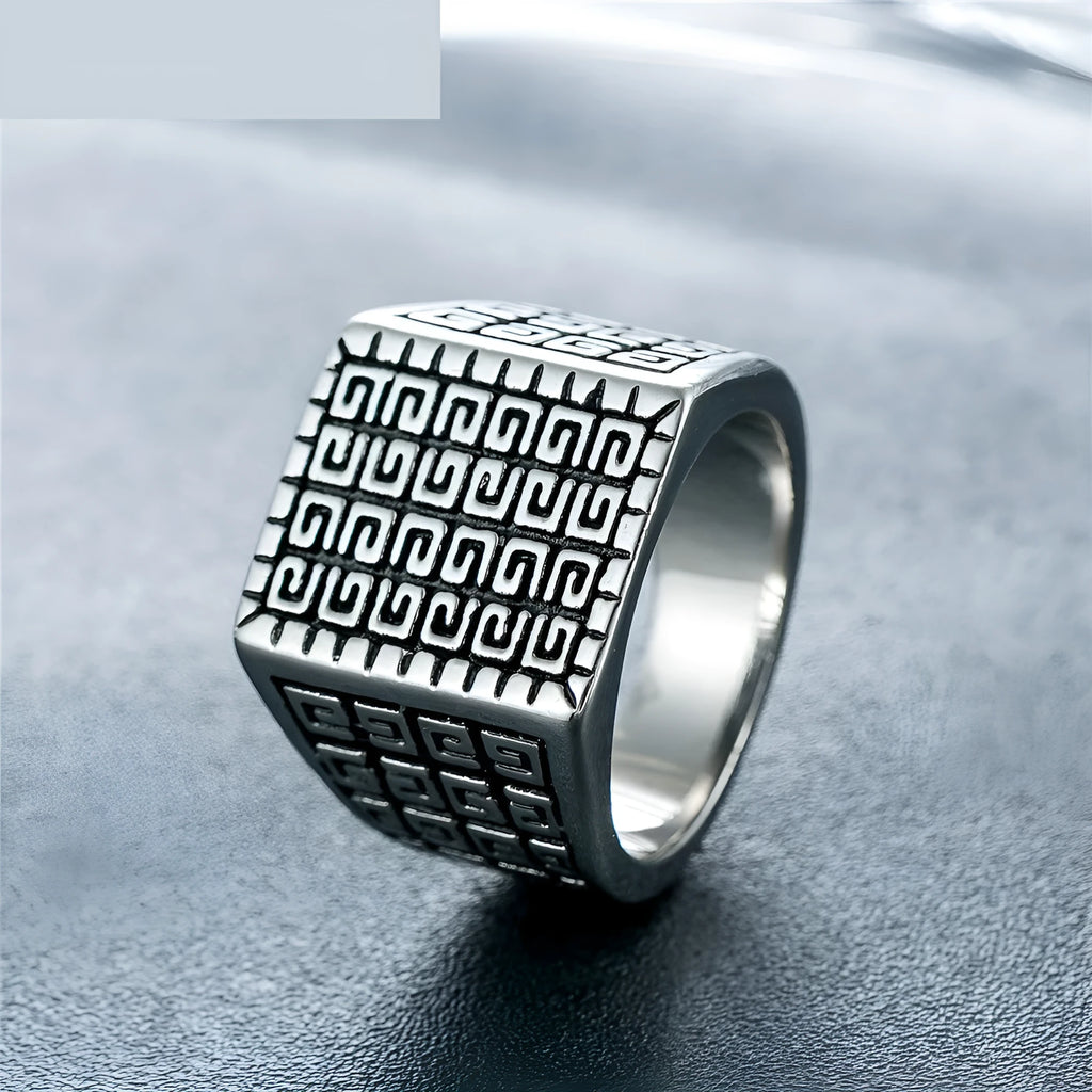 Square simple mens stainless steel ring in retro style, silver colour, size No. 10