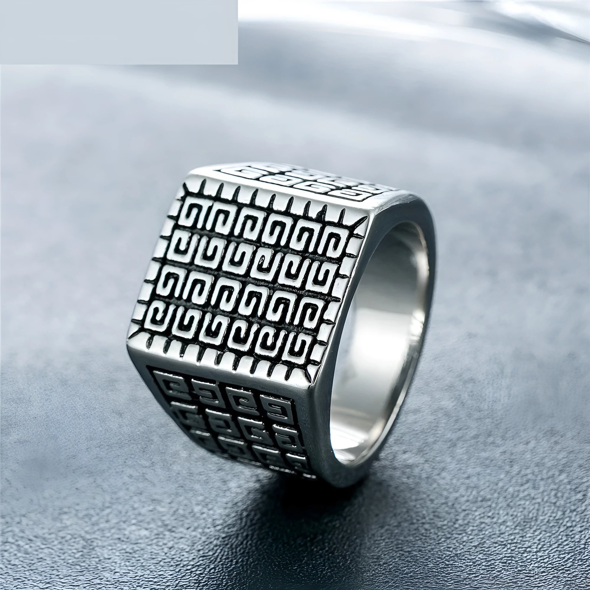 Square simple mens stainless steel ring in retro style, silver colour, size No. 10