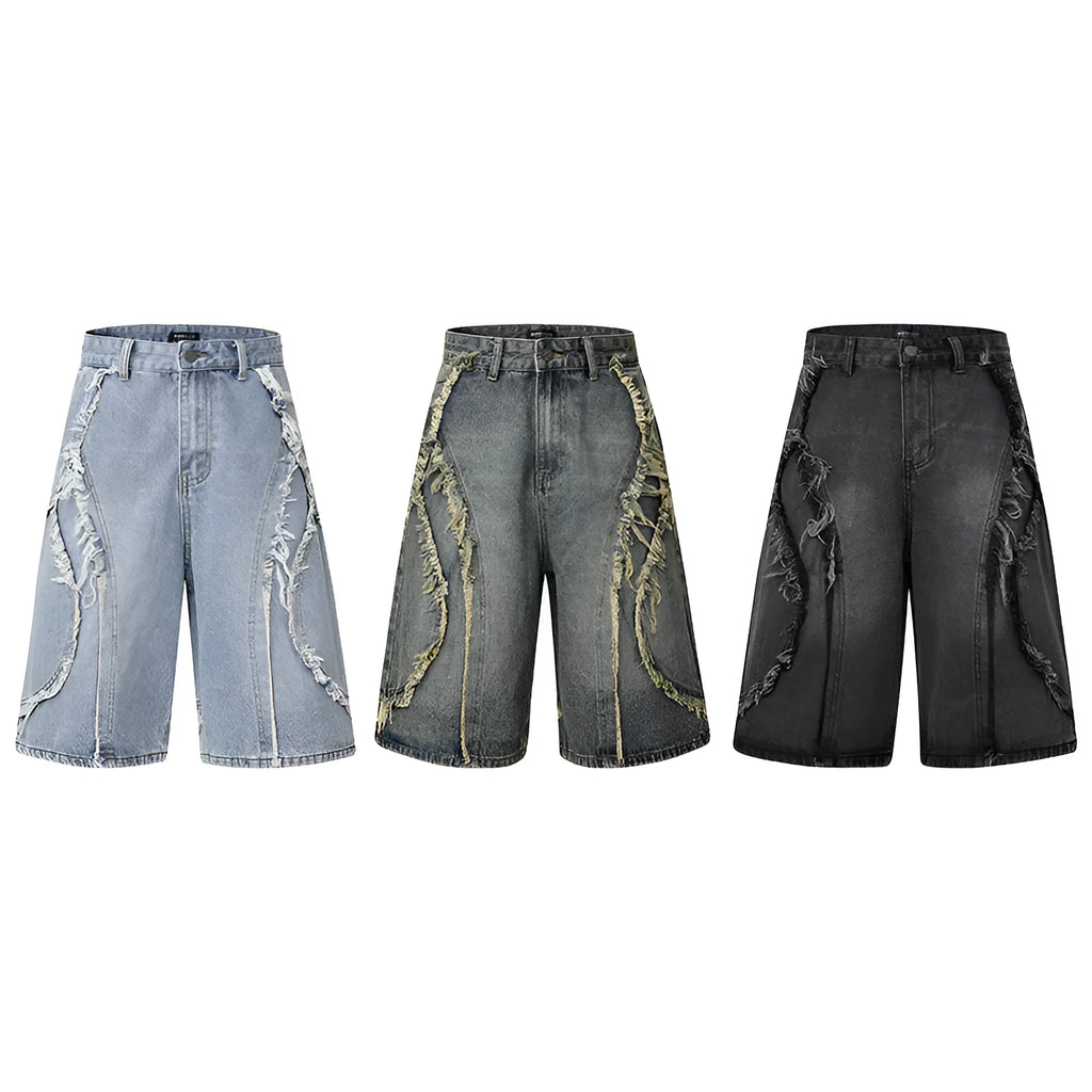 Distressed denim shorts with raw edge hemming in straight leg cut, available in three colour options