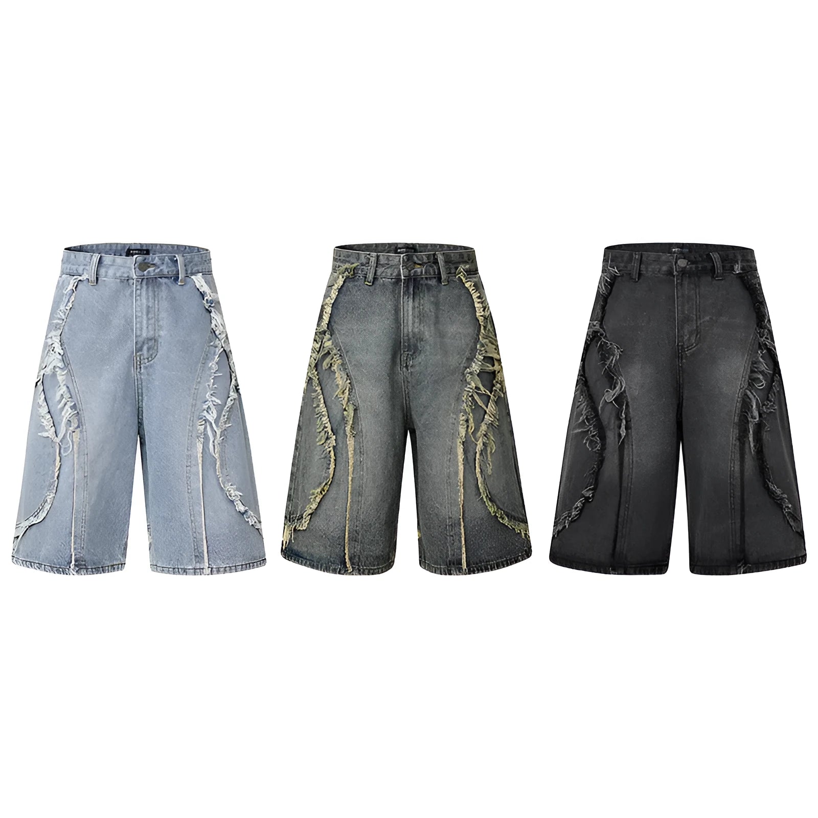 Distressed denim shorts with raw edge hemming in straight leg cut, available in three colour options