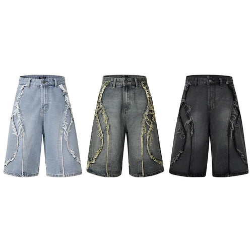 Distressed denim shorts with raw edge hemming in straight leg cut, available in three colour options