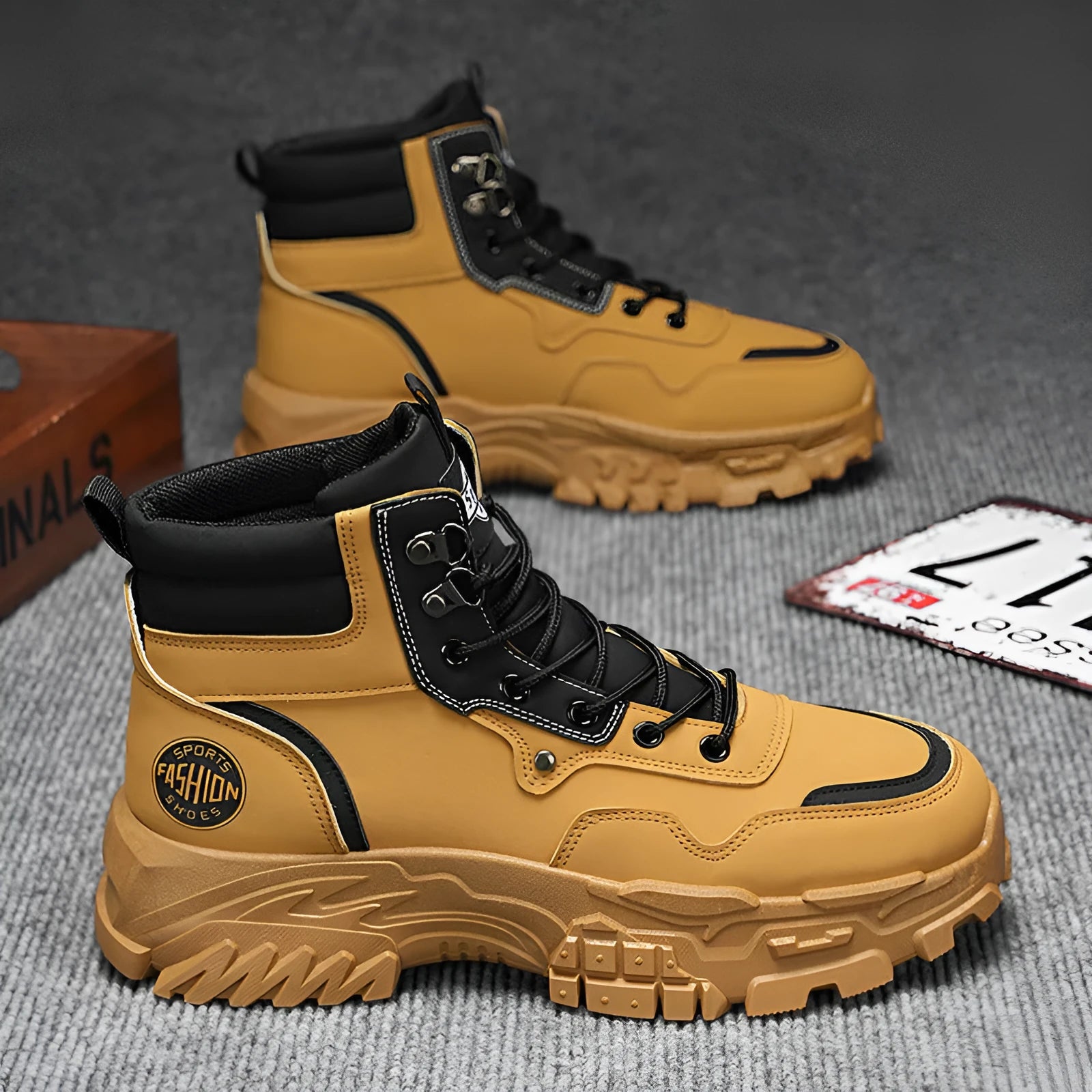 Men's black and yellow Martin boots with artificial PU upper and mid heel