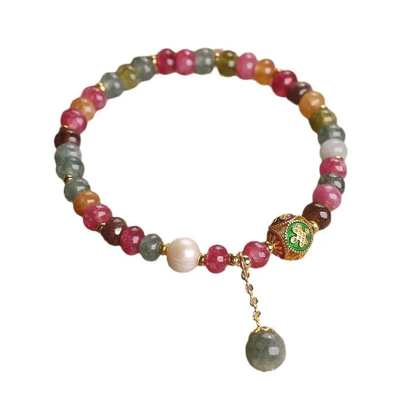 Natural colour tourmaline abacus beads jade bracelet with pearl accents for women ethnic style