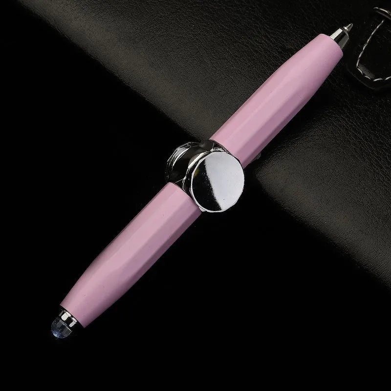 Metal LED light-up gyro spinner ballpoint pen showing 12 ink colour options