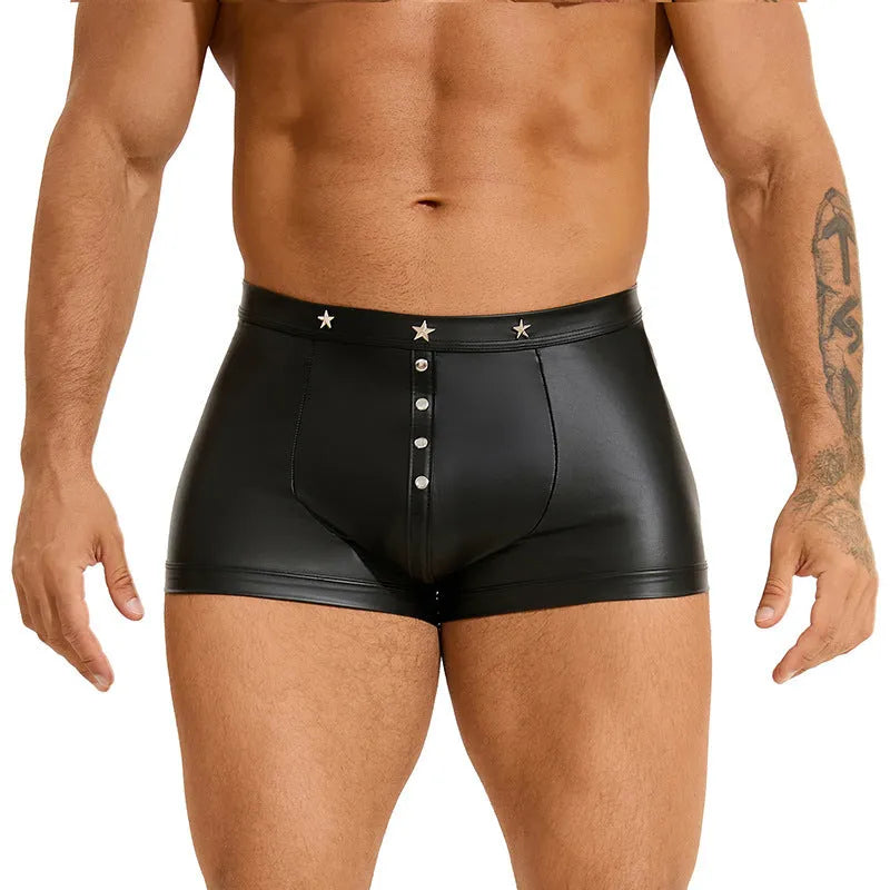 Black PU leather men's boxer shorts with a U-shaped pouch, shown flat.